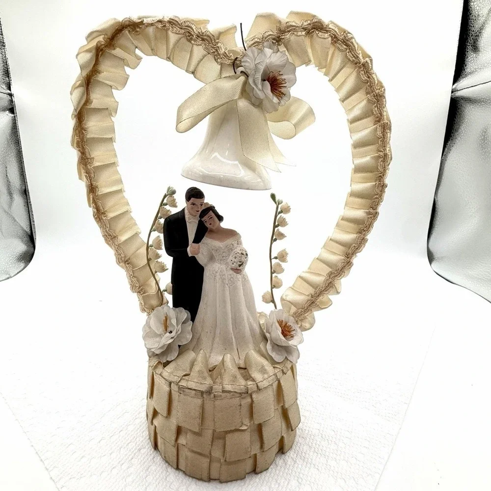 Vintage 1950s Wedding Cake Topper Bride and Groom Heart Mid Century Wedding